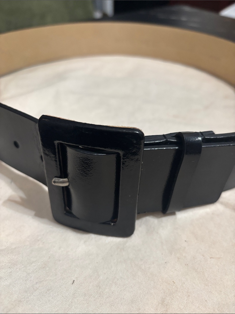 Nine West Black Patent Leather Belt with Glossy Rectangular Buckle